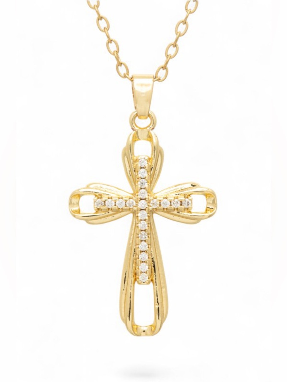 Gold CZ Cross Pendant Necklace 14K Gold Plated Dainty Faith Jewelry 16” + Ext